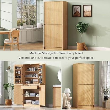 Amposei 72’’ Tall Kitchen Pantry Cabinet with Drawer & Adjustable Shelves, Modern Cupboard Storage Cabinet for Living Utility Room, Natural