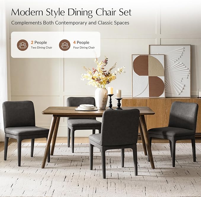 HULALA HOME Morden Dining Chairs Set of 4, Upholstered Faux Leather Kitchen Chairs with Thick Cushion and Solid Wood Frame, Accent Side Chair for Kitchen Dining Living Room Restaurant, Charcoal