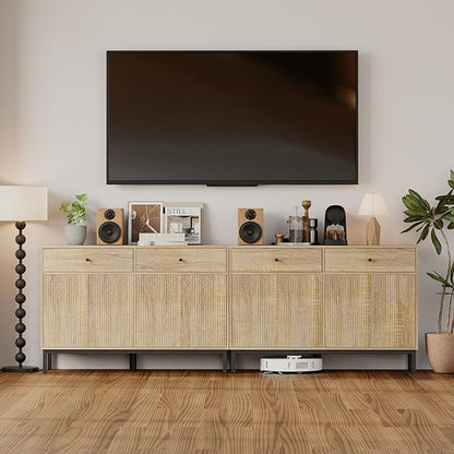 Mericonia Farmhouse Buffet Sideboard Cabinet with Storage, Fluted Coffee Bar with Doors and Adjustable Shelves, Modern Wood Console Cabinet with Drawers (4 Door, Natural 2 Drawer)