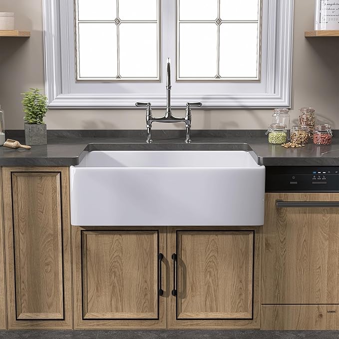 White Farmhouse Sink 33 inch Fireclay Apron Front Farm Sink Large Capacity Deep Single Bowl Kitchen Sinks with Accessories Protective Bottom Grid and Strainer
