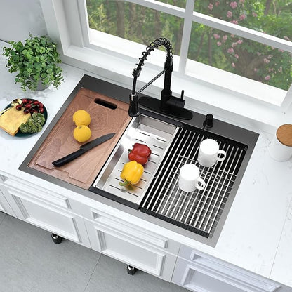 33 Black Drop In Kitchen Sink Workstation-Bokaiya 33x22 Drop In Sink Black Stainless Steel 16 Gauge 10 Inch Top Mount Workstation Sink with Cutting Board, Easy Install and Water Drain Fast