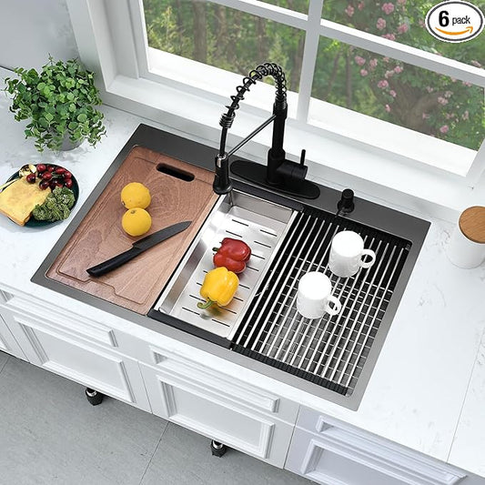 Black Kitchen Sink Drop In-Bokaiya 33x19 Drop In Single Bowl Kitchen Sink 16 Gauge Black Stainless Steel Top Mount Workstation 10 Inch Deep Kitchen Basin for Home