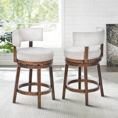 COLAMY Swivel Bar Stool Set of 2, Modern Swivel Barstool with Back, Counter Height Bar Stools, 25 Inch Upholstered Wood Barstool for Kitchen Island Dining Room Bar, Beige