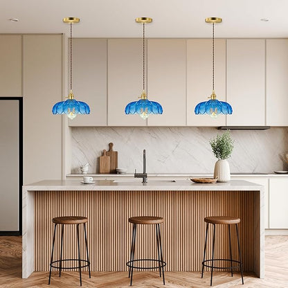 Pendant Light Fixture, Hanging Light Fixture, Glass Shade Pendant Light with Rotary Switch, Modern Lamp for Kitchen Island, Bedroom, Dining Room, Living Room (Blue Lotus, Hard-Wired)