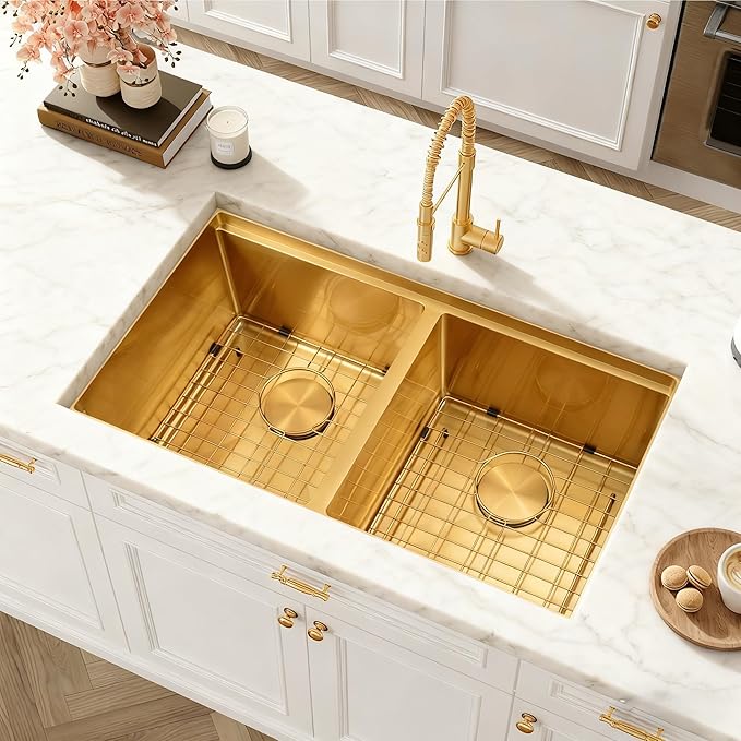 31 Inch Gold Sink Undermount Double Bowl, 16 Gauge 50/50 Double Bowl Stainless Steel Workstation Sink, 31"x18"x9" Large and Deep Kitchen Sink With Accessories
