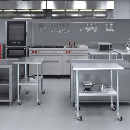 Stainless Steel Work Table with Wheels | NSF Kitchen Island Food Prep | Laundry Garage Utility Bench (Table + Wheels, 36" Long x 24" Deep)