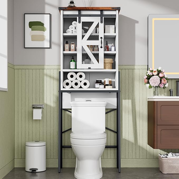 kepptory Over The Toilet Storage Cabinet, Above Toilet Storage Cabinet with Adjustable Shelves and Barn Door, Farmhouse Behind Toilet Bathroom Organizer for Bathroom, Laundry Room, Off-White