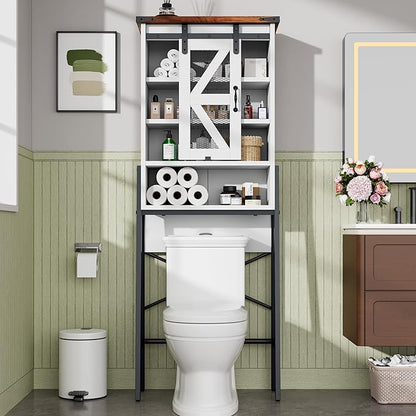 kepptory Over The Toilet Storage Cabinet, Above Toilet Storage Cabinet with Adjustable Shelves and Barn Door, Farmhouse Behind Toilet Bathroom Organizer for Bathroom, Laundry Room, Off-White