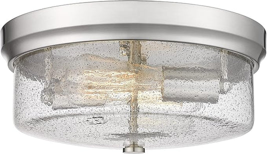12inch Flush Mount Ceiling Light, Close to Ceiling Light Fixtures, Brushed Nickel Finish with Handmade Seeded Smoky Art Glass Shade for Living Bedroom Room Hallway