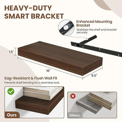 Acovy 16 Inch Floating Shelves for Wall 2 Pack, 16" Wall Shelves for Books, Storage, Decor, Wall Mounted Floating Shelf with Invisible Brackets for Kitchen, Living Room, Walnut