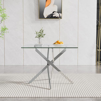 Glass Dining Table,36'' Square Dining Kitchen Table,Modern X-Design Dining Room Table with Silver Metal Base for Dining Room