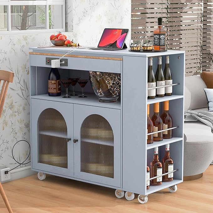 Modern Dining Table Kitchen Island on Wheels with Extended Table, Power Outlets, LED Lights, Fluted Glass Doors, Cabinet, Wood Counter for Living Room Decor,Blue-MDF