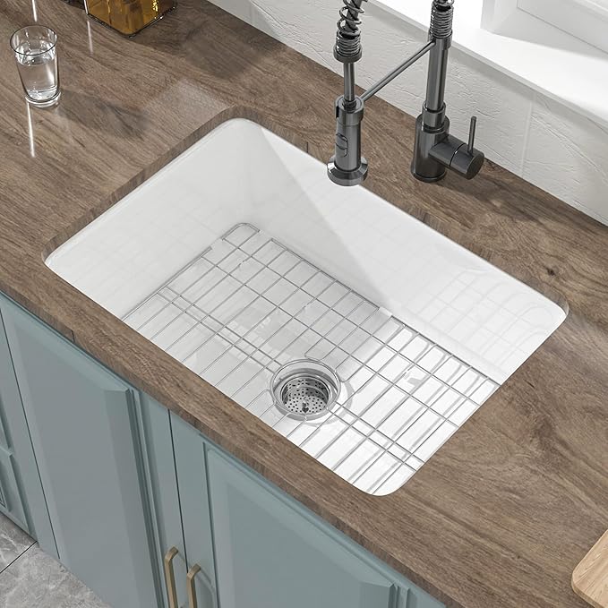 Undermount Kitchen Sink White 27 x 19 Inch,10" High Top Mount Fireclay Sink Drop In Single Bowl, Dual Mount, with Accessory 2 Types, Pure White, for Kitchen & Laundry