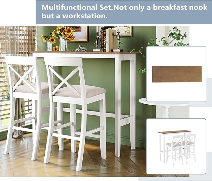 LUMISOL 3 Piece Pub Bar Table and Chairs Set, Solid Wood Counter Height Bar Table Set for 2, High Top Dining Table Set for Kitchen, Breakfast Nook, White + Beige