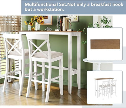Farmhouse Bar Table Set of 3, Includes 48" Rectangular Wood Dining Table and 2 Bar Stools, Counter Height Kitchen Table Set for Small Spaces (Beige+ Brown + White + Solid Wood + Foam)