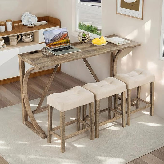 LKTART 4 Piece Kitchen Table Set, Counter Height Bar Table Set with Socket and 3 Padded Stools Industrial Breakfast Nook Table Set for Living Room, Dining Room,Small Space, Brown
