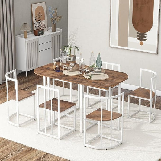 RuiSiSi Modern Dining Table Set for 6 Kitchen Table Set with 6 Dining Chairs and Faux Marble Tabletop for Kitchen, Dining Room, Small Space, Cherry+White