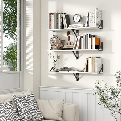 Axeman White Floating Shelves for Wall, 8 Inch Deep Wall Shelves Set of 2, 16''W x 8''D White Wood Shelves for Bookshelf Living Room Bedroom Home Office Bathroom