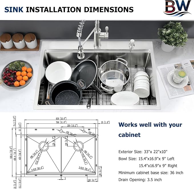 33x22 Double Bowl Kitchen Sink Drop In - 16 Gauge Stainless Steel Top Mount Drop In Sink, 50/50 Split Double Bowl Workstation Kitchen Sinks, Durable for Home Kitchens