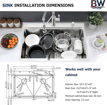 33x22 Double Bowl Kitchen Sink Drop In - 16 Gauge Stainless Steel Top Mount Drop In Sink, 50/50 Split Double Bowl Workstation Kitchen Sinks, Durable for Home Kitchens