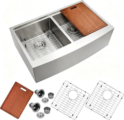 33 Inch Farmhouse Sink for Kitchen, 16 Gauge Stainless Steel Farmhouse Sink Undermount Double Bowl, 50/50 Apron Front Farm Sink, 33"x20"x10" Large Deep Kitchen Sink with Accessories