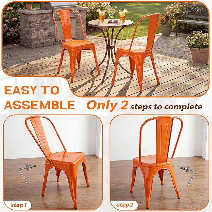 Shahoo Metal Dining Chairs Classic Iron Stackable Industrial Vintage Trattoria with Back, Indoor-Outdoor Side Settee for Home Bistro Cafe Kitchen Restaurant Set of 4, Orange