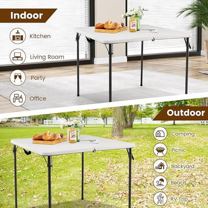 Tangkula 34" Folding Table, Portable Picnic Table with All-Weather HDPE Tabletop, Heavy-Duty Metal Frame, Carry Handle, Fold-in-Half Plastic Outdoor Table for Camping, Dining, BBQ, No Assembly Needed