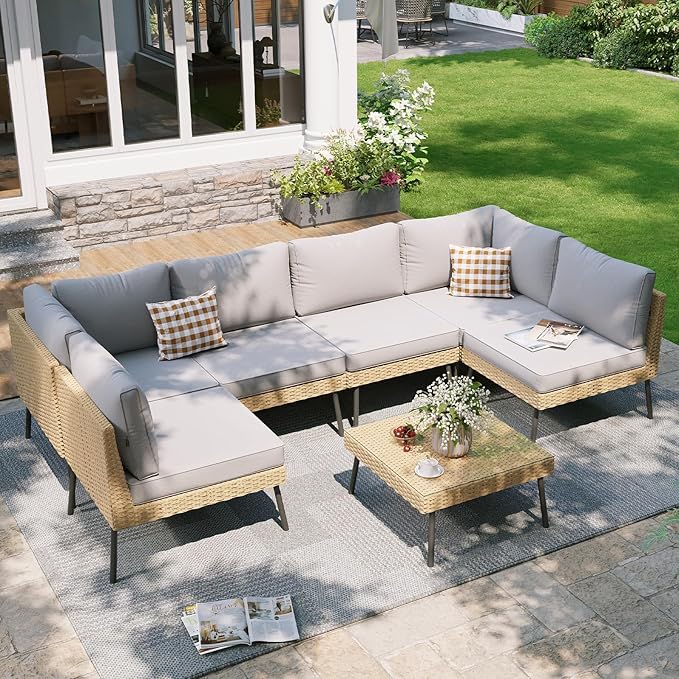 Aoxun 7-Piece Patio Furniture Set, Wicker Outdoor Furniture with Water Resistant Thick Cushions, Patio Conversation Set Outdoor Sectional Sofa with Coffee Table for Backyard Poolside, Light Grey