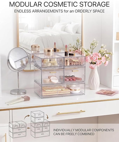 LALOBLUE Stackable Storage Drawers, 6 Pack Clear Acrylic Organizer Bins with Golden Handles, Multi-Size Plastic Drawers for Makeup, Vanity, Kitchen, Bathroom, Office, Pantry Organization and Storage