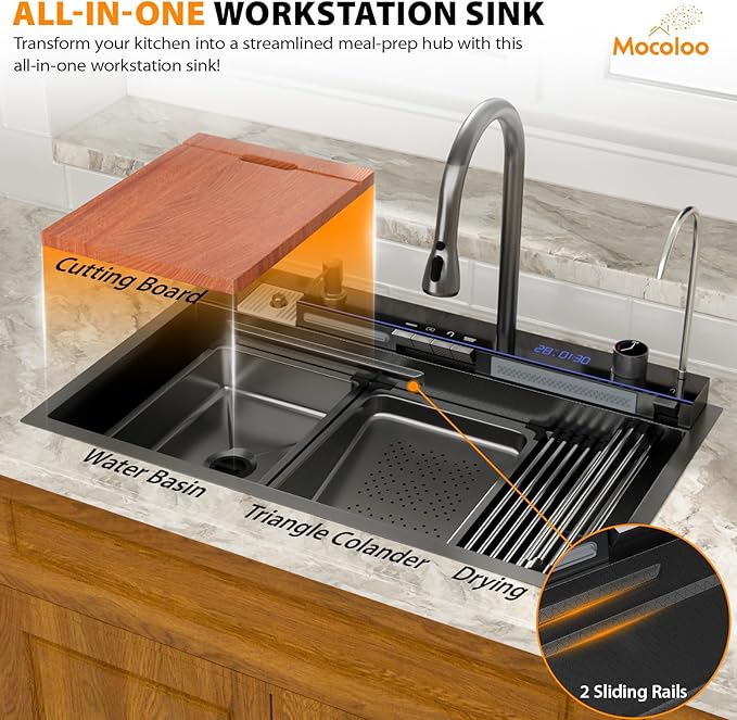 Mocoloo 33 Inch Black Honeycomb Waterfall Kitchen Sink Drop in, 33x19 Inch Stainless Steel Workstation Sink 16 Gauge Topmount Single Bowl Sink with Complete Kit