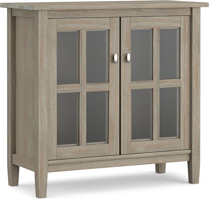 SIMPLIHOME Warm Shaker Storage Cabinet - 32 inch Wide Solid Wood 2-Shelf Low Storage Cabinet in Distressed Grey, Transitional Accent Cabinet for Entryway with Tempered Glass Doors and Shelves