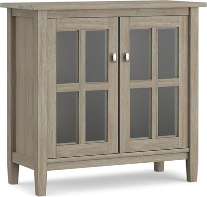 SIMPLIHOME Warm Shaker Storage Cabinet - 32 inch Wide Solid Wood 2-Shelf Low Storage Cabinet in Distressed Grey, Transitional Accent Cabinet for Entryway with Tempered Glass Doors and Shelves