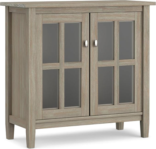 SIMPLIHOME Warm Shaker Storage Cabinet - 32 inch Wide Solid Wood 2-Shelf Low Storage Cabinet in Distressed Grey, Transitional Accent Cabinet for Entryway with Tempered Glass Doors and Shelves