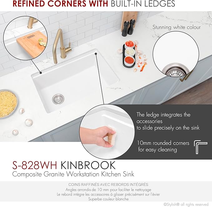 Stylish 28 x 18 Inch Composite Granite Workstation Kitchen Sink, Single Bowl Under Mount & Drop in, 9.5 in Deep, with Bamboo Cutting Board, Roll-Up Drying Rack, Colander & Strainer, White, S-828WH