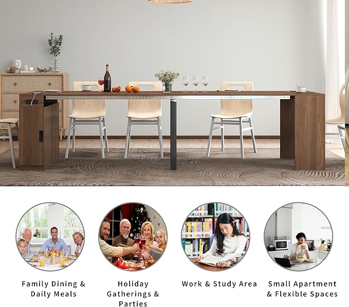 Extendable Dining Table with Storage, Transformer Console Table for 1-12 People, Space Saving Dining Room Table with Built-in Outlet for Homes, Apartments, Walnut