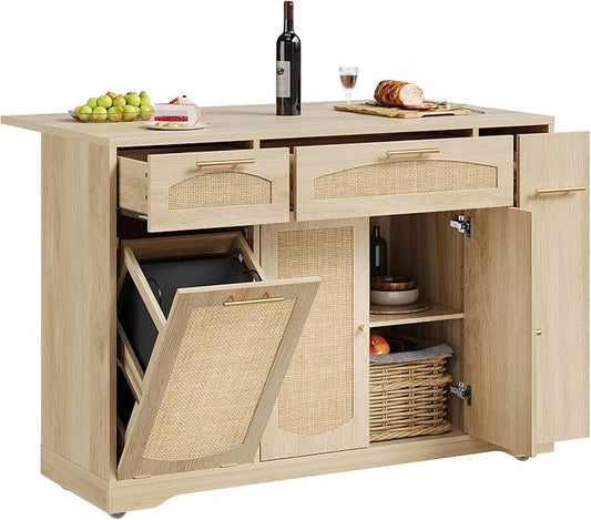 IDEALHOUSE 53.1" Rattan Kitchen Island with Storage, Rolling Dining Cart with Trash Storage Cabinet, Mobile Island Cart with Drop Leaf, Adjustable Shelves, Drawer, 5 Wheels (Natural)