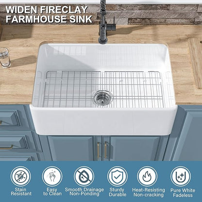 White Farmhouse Kitchen Sink 30 x 20 Inch, Firecaly Apron Front Undermount Farm Sink Deep Single Bowl for Kitchen, w Custom Accessories 2 Types
