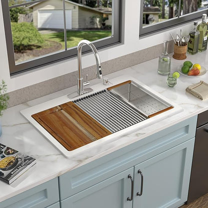 33 Granite Composite Kitchen Sink - Fulorni 33"x22" Granite Kitchen Sink White Ledge Workstation Drop-In Topmount Quartz Classic Above Counter Single Bowl Basin