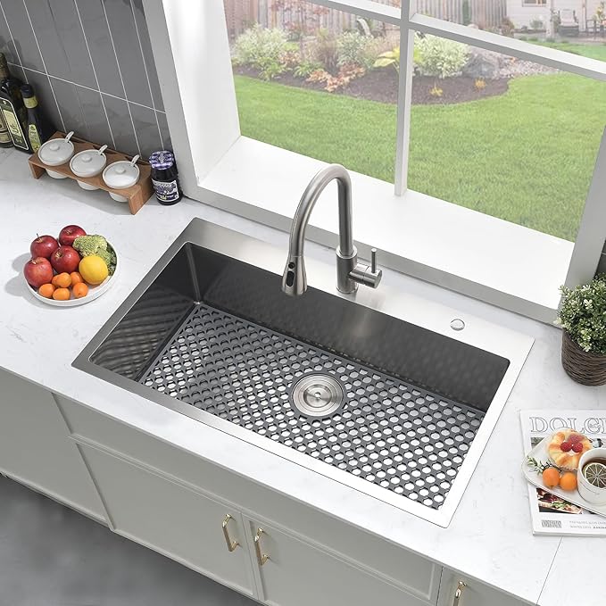 33 Inch Drop In Kitchen Sink with Faucet Combo-Brovy 33x19 Top Mount Stainless Steel Kitchen Sink Drop In 18 Gauge Single Bowl Deep Kitchen Sinks with Mat& Drainer