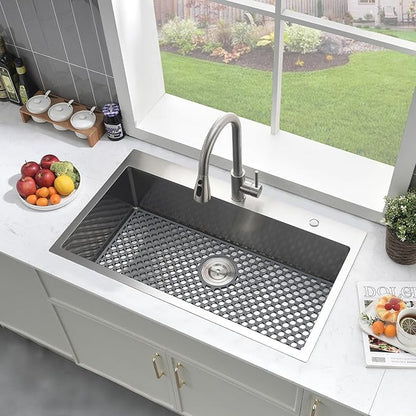 33 Inch Drop In Kitchen Sink with Faucet Combo-Brovy 33x19 Top Mount Stainless Steel Kitchen Sink Drop In 18 Gauge Single Bowl Deep Kitchen Sinks with Mat& Drainer