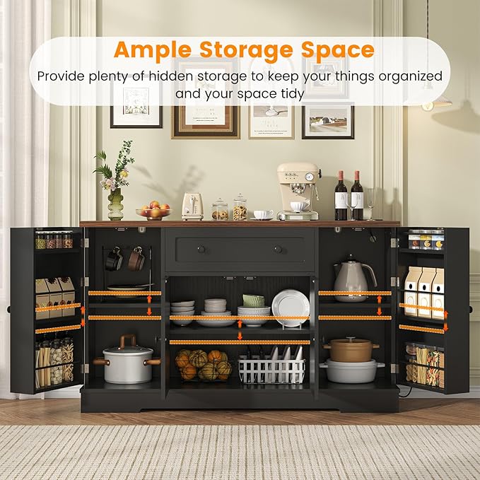 Buffet Cabinet with Storage, Modern Kitchen Buffet Sideboard with Drawer, Wood Coffee Bar Station with Charging Station, Wine Rack and Hooks, Wood Sideboard Buffet for Kitchen, Dining Room, Black