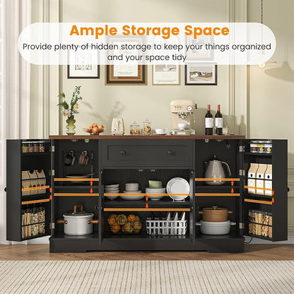Buffet Cabinet with Storage, Modern Kitchen Buffet Sideboard with Drawer, Wood Coffee Bar Station with Charging Station, Wine Rack and Hooks, Wood Sideboard Buffet for Kitchen, Dining Room, Black