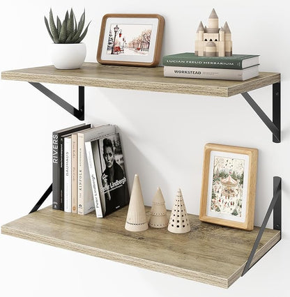 Acovy Deep Floating Shelves Wall Mounted, 24"x12" Gray Wall Shelves with Brackets Set of 2 for Bedroom, Living Room, Bathroom, Kitchen, Office - Storage & Display Shelf for Decor, Books, Plants