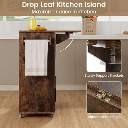 Giantex Rolling Kitchen Island Cart with Drop Leaf, Power Outlet, Spice Rack, 12 Wine Rack, Glass Holder, Drawer, Storage Cabinet, Towel Rack, Island Table for Breakfast Coffee Bar (Rustic Brown)