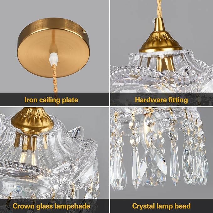 Brass Vintage Glass Pendant Light Crystal Pendant Lights Kitchen Island,Adjustable Height Pendant Lighting for Dining Room Farmhouse Living Room(1-Pack)