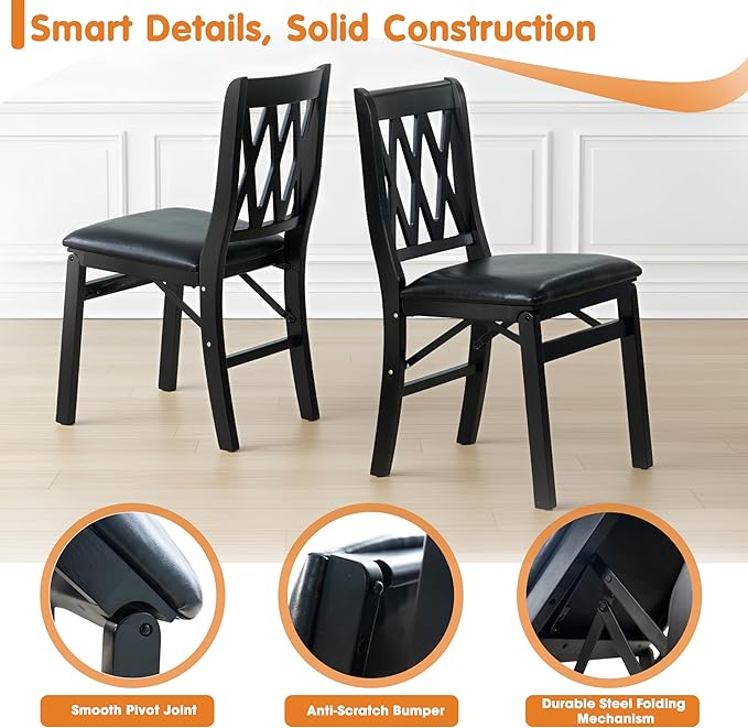 East West Furniture - PNC-BLK-49, A Plano Folding Solid Wood Dinner Chairs with PU Leather Seat, 3-X Back Design, Set of 2, Fully Assembled, Black Wood Finish
