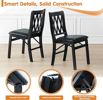 East West Furniture - PNC-BLK-49, A Plano Folding Solid Wood Dinner Chairs with PU Leather Seat, 3-X Back Design, Set of 2, Fully Assembled, Black Wood Finish