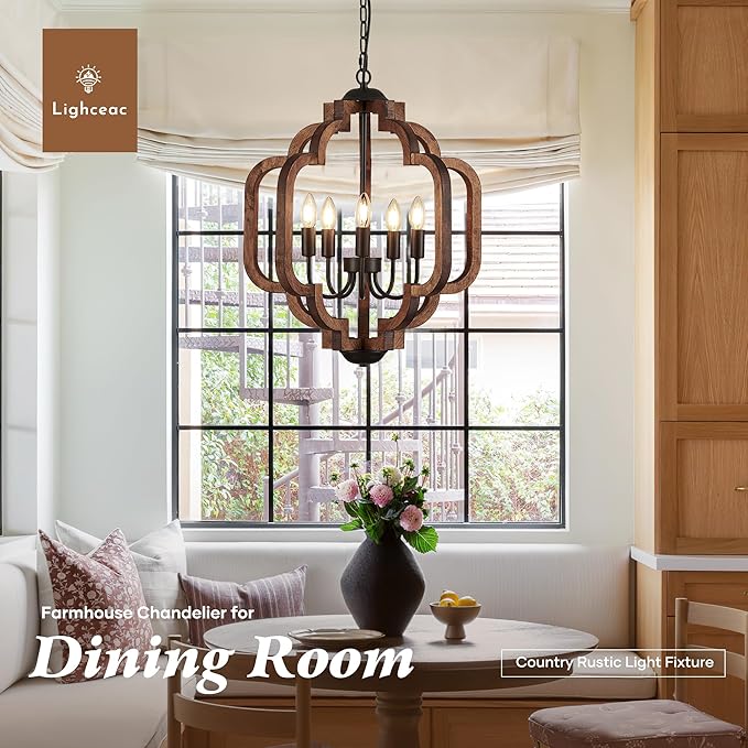 20.5" Farmhouse Vintage Chandelier 5-Light for Dining Room Rustic Handmade Wood Hanging Ceiling Pendant Light Fixture for Entryway Brown Retro Chandeliers for Kitchen Bedroom Foyer Hallway