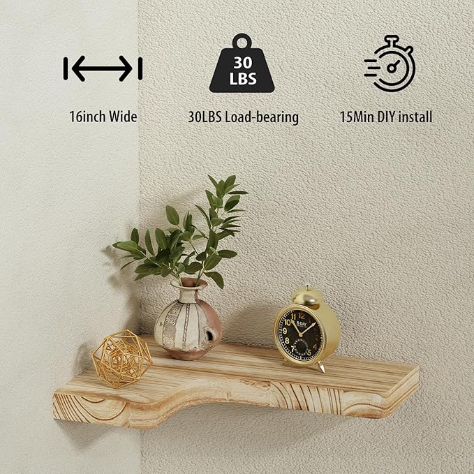 SAUMONIERES Corner Floating Shelves Wall Mount Shelf Solid Wood for Bedroom Bathroom Room Kitchen Storage Set of 3, Rustic Torched, Invisible Brackets