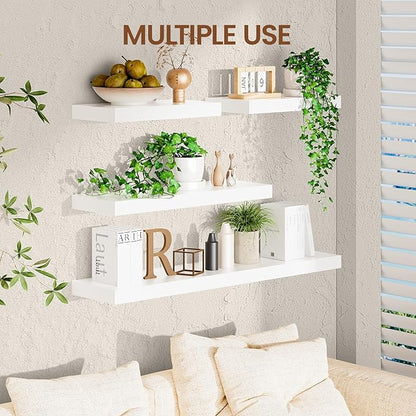Heimlove Wooden Floating Shelves for Wall, White Pine Shelves Set of 2, 24 in Rustic Wood 8 Inch Deep Floating Shelf with Invisible Brackets for Bedroom Kitchen Living Room - Classic White